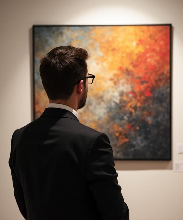 Un curateur de Lysianthum Création en contemplation devant une œuvre d'art abstraite.
